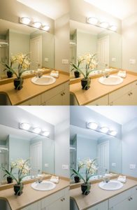 side by side of bathroom with different bulbs to show light temperatures
