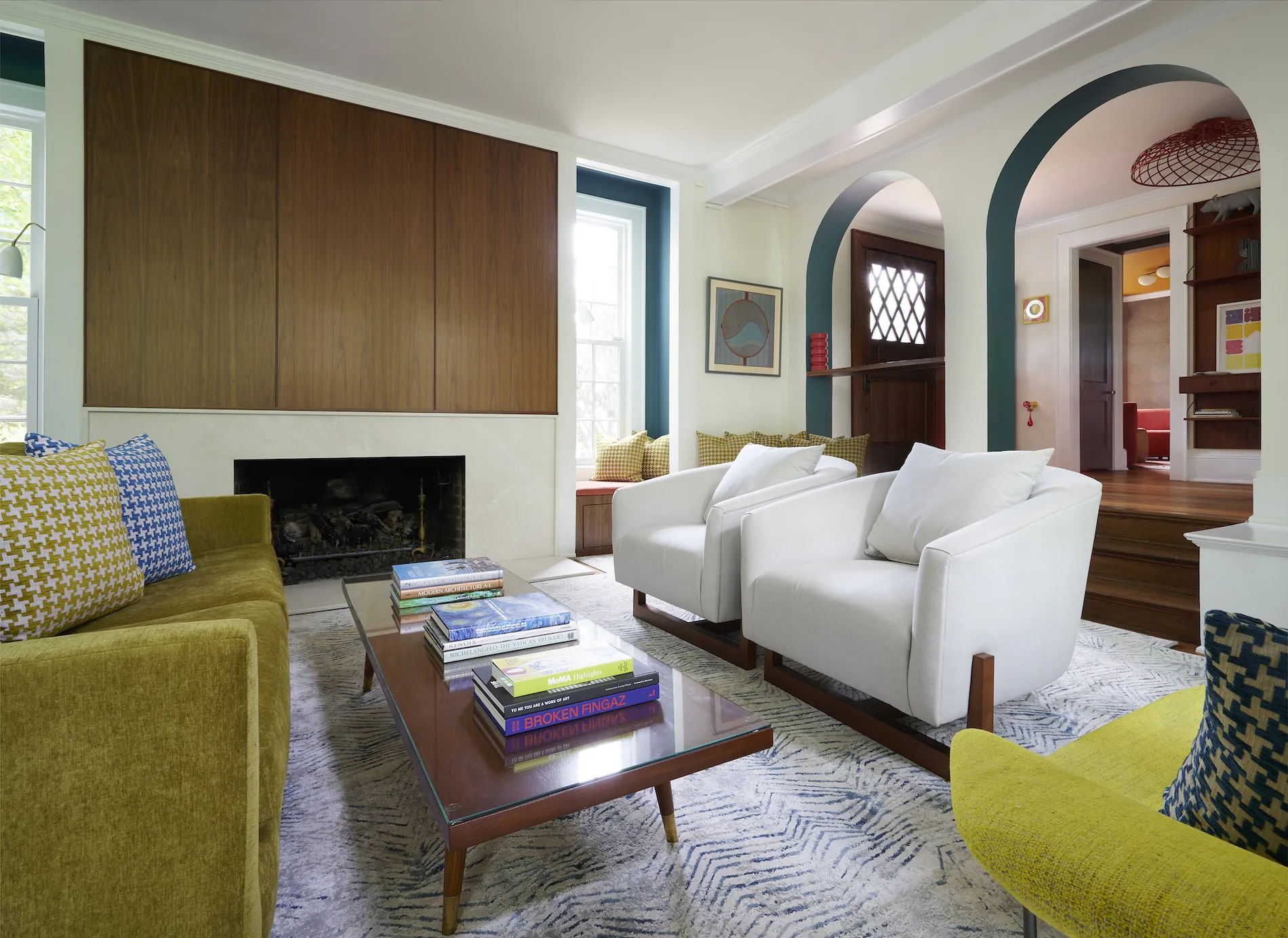 Walden Interiors Solid Stone And Walnut Paneled Fireplace In Mid Century Modern Living Room Luxury Interior Designer Short Hills Nj